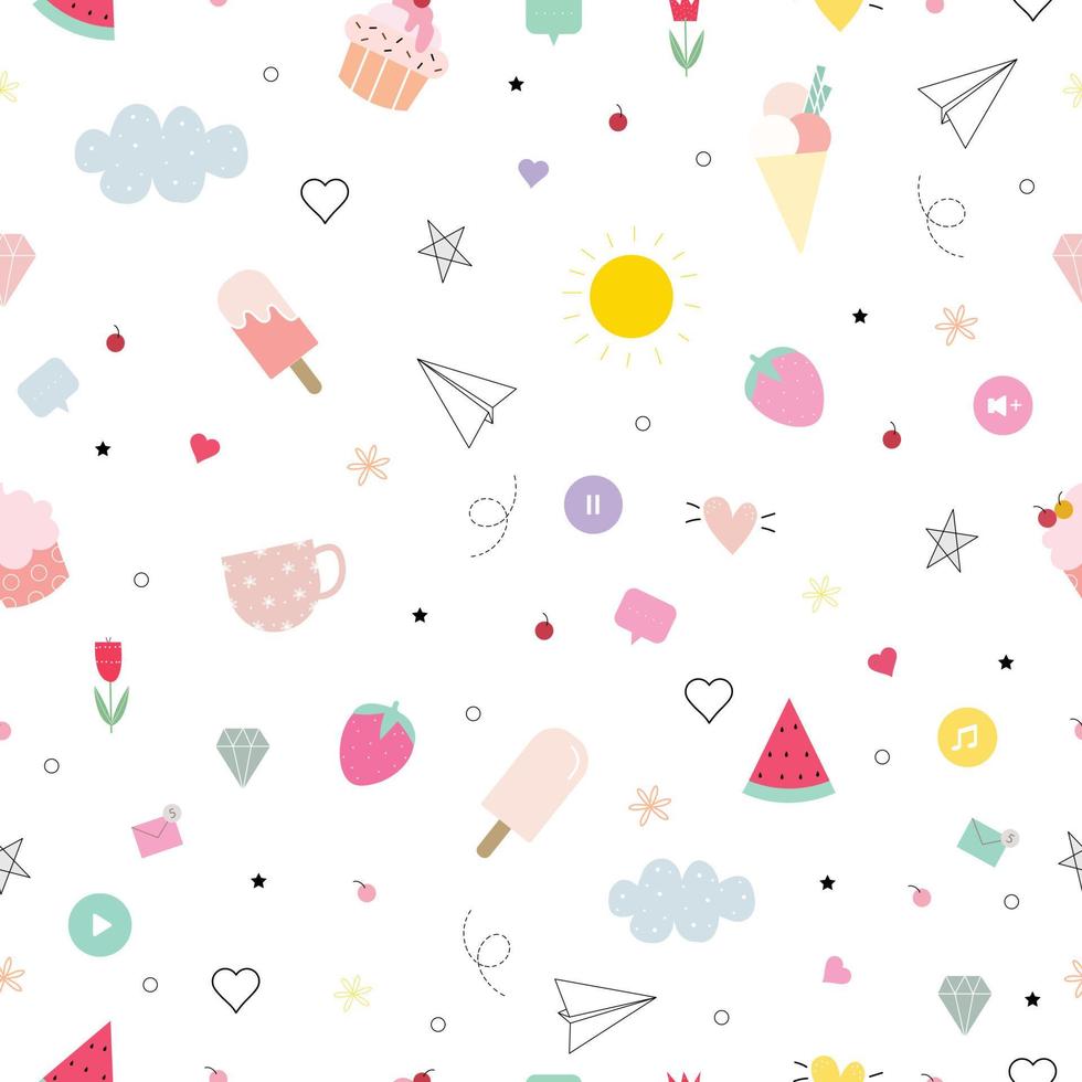 Seamless pattern Party background with fruit and desserts Pattern repeating random layout Design used for publication, clothing, textile, vector illustration