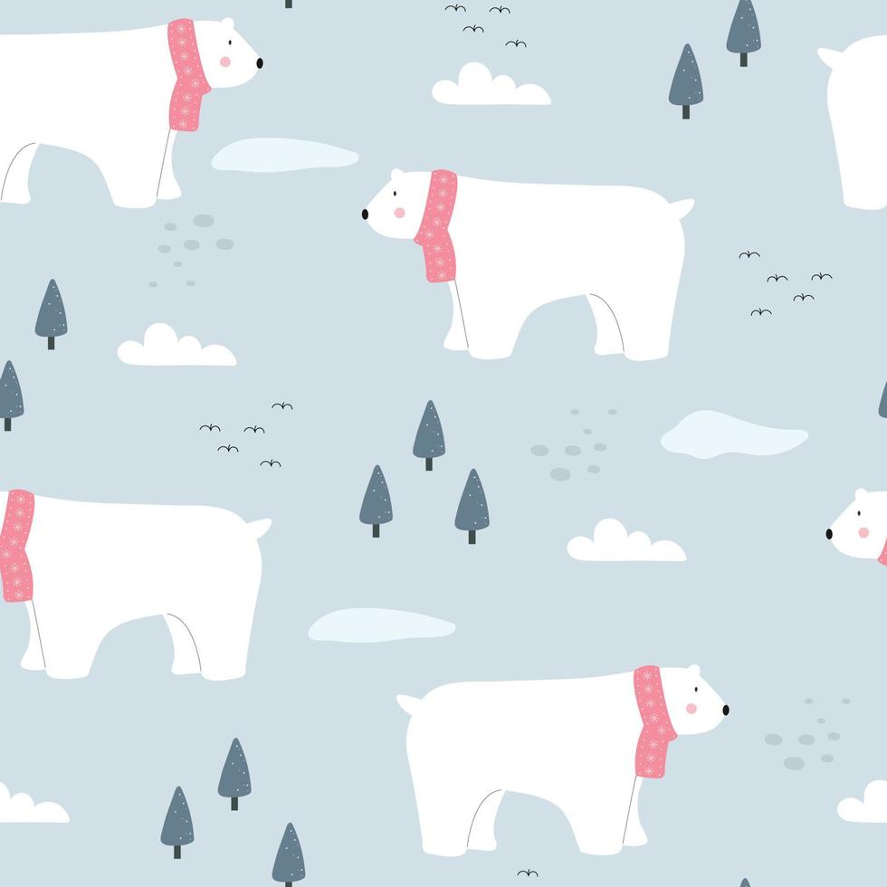 Seamless pattern Cartoon background with polar bears and trees Cute hand drawn design Used for fabric pattern, textile, wallpaper, vector illustration