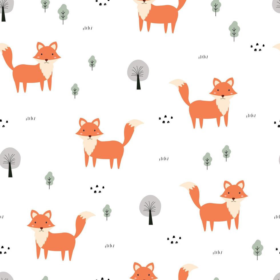 Fox and trees background cartoon hand drawn cute animals Seamless vector pattern in cartoon style used for publication, wallpaper, fabric, textile