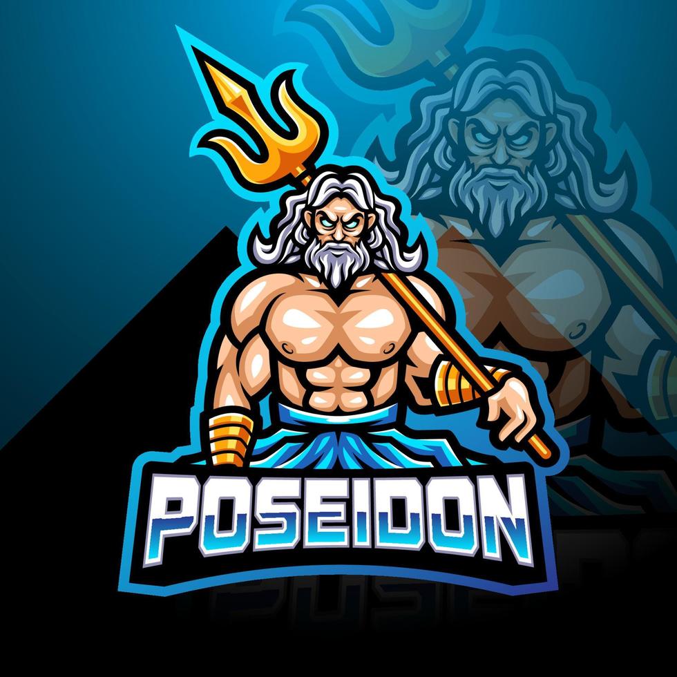 Poseidon esport mascot logo design with trident weapon vector