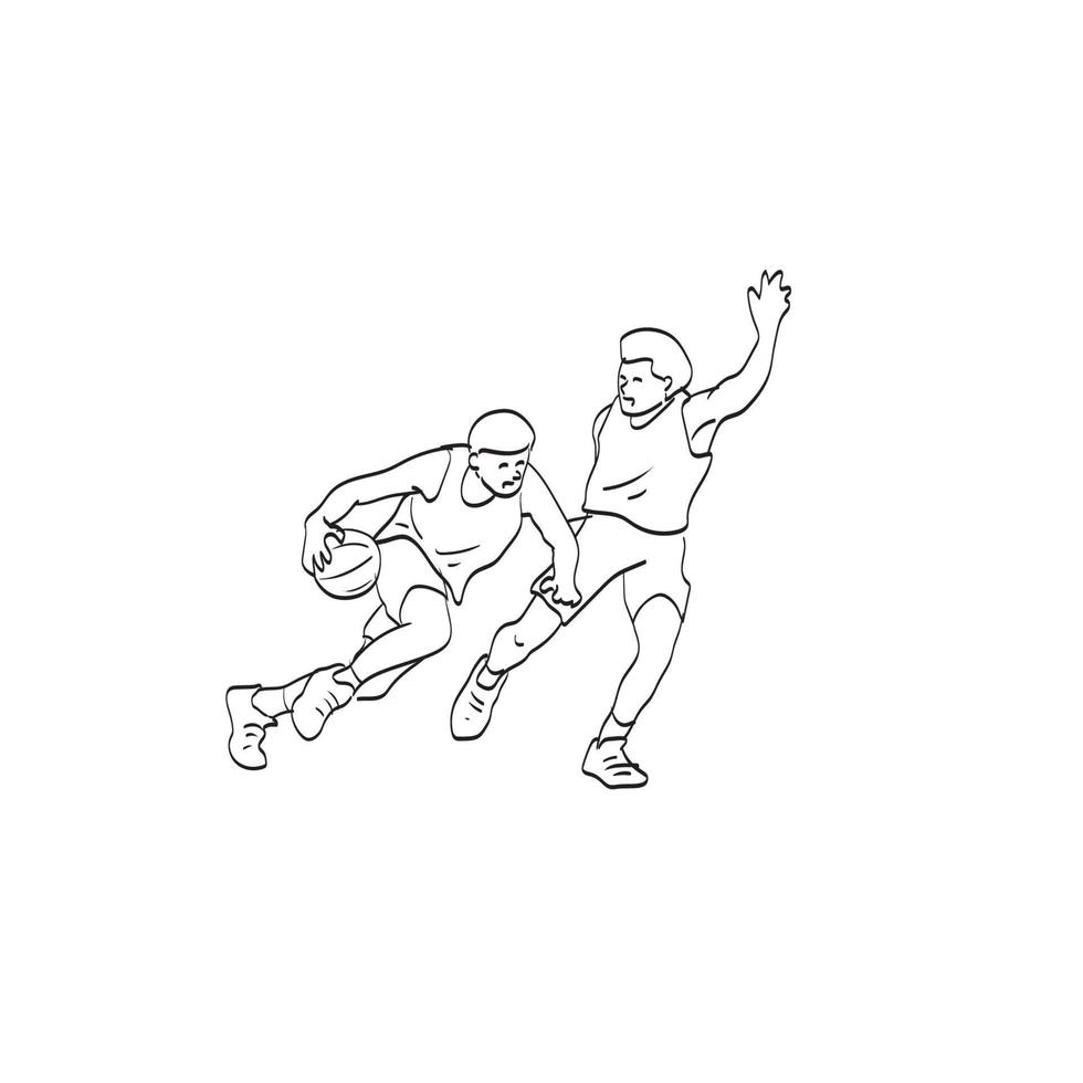Arte de línea dos jugadores de baloncesto en vector de ilustración de acción aislado sobre fondo blanco.