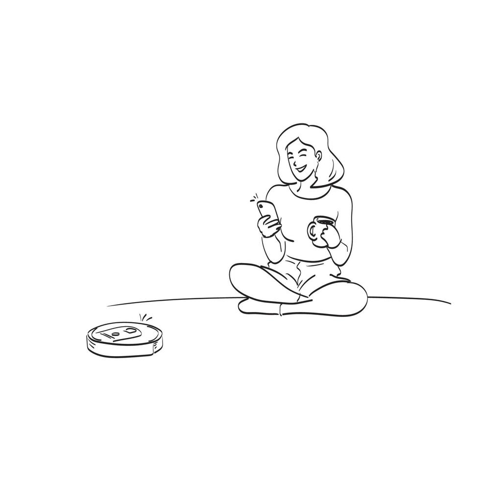 line art woman with coffee cup in hand using smartphone to control robotic vacuum cleaner illustration vector isolated on white background