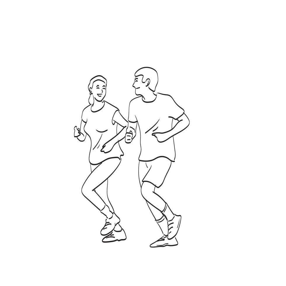 Exercising running couple jogging illustration vector isolated on white background line art.