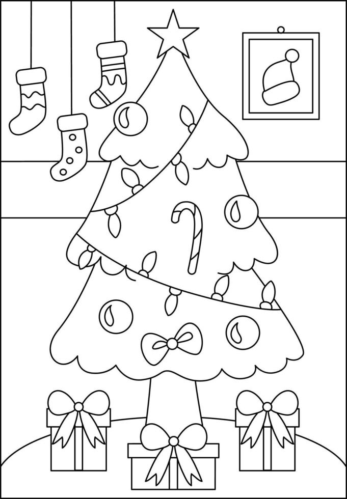 Página para colorear de árbol de Navidad para niños vector