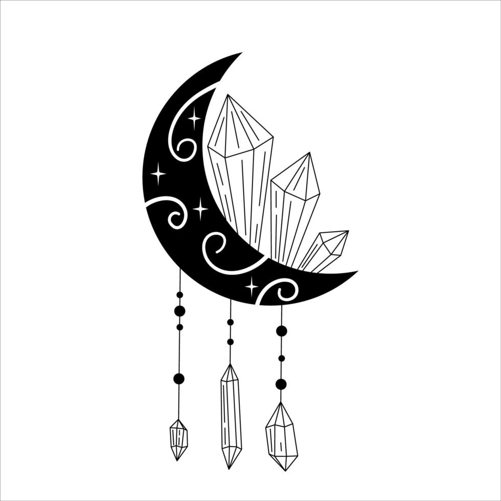 Crystal moon with swirls, stars tattoo. Magic and mystical celestial coloring page with crystals and stones. Vector illustration in a simple style