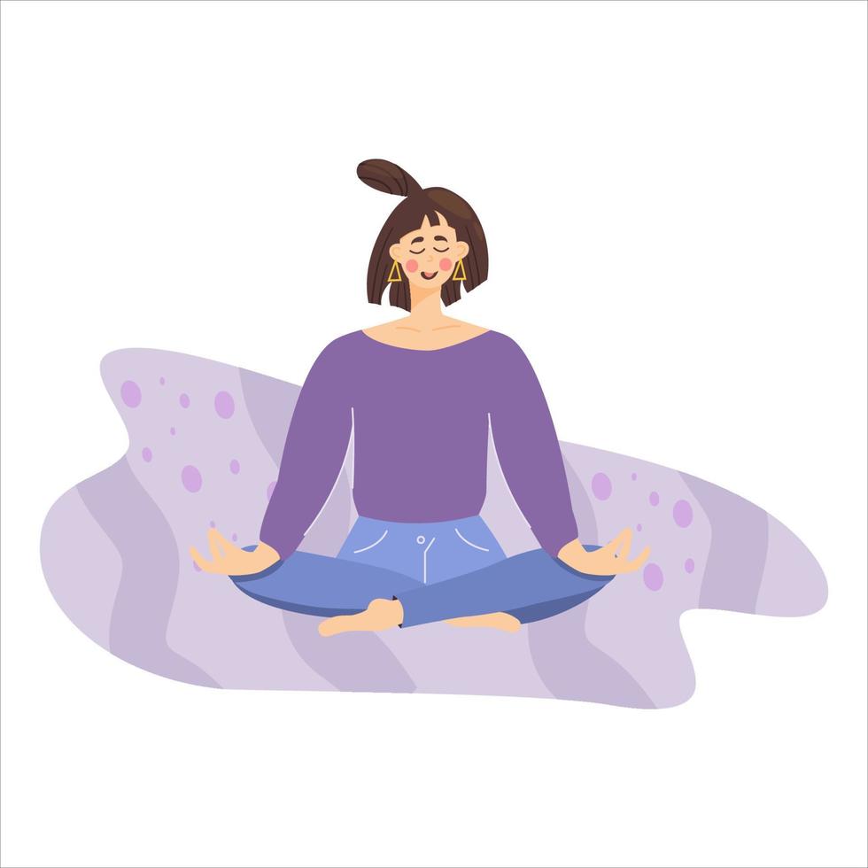 Concept of meditating girl. The woman relaxes and calms down in the lotus position. Good health and wellness during meditation. Vector illustration in a flat style