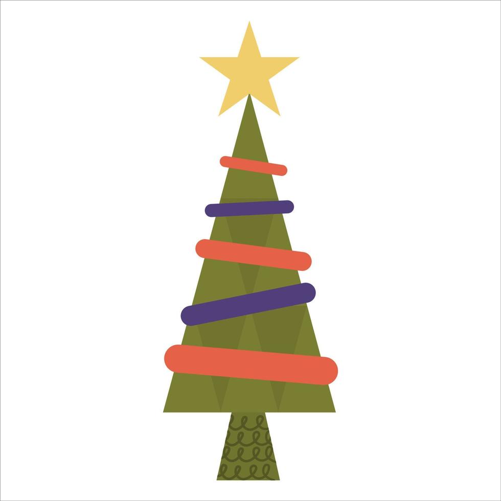 Christmas tree with star and ribbons retro style is isolated on white background. Vector illustration in a flat design in a modern mid-century style