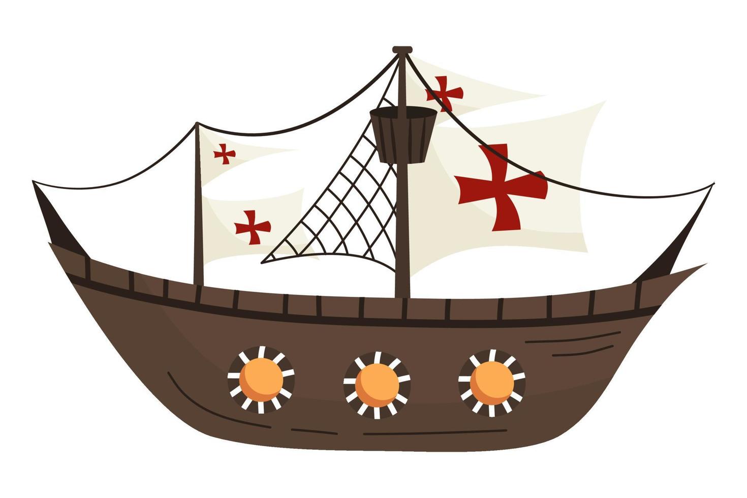 Nave Colón con cruces rojas y velas blancas aisladas sobre fondo blanco.Ilustración de vector de estilo plano para decoración náutica.