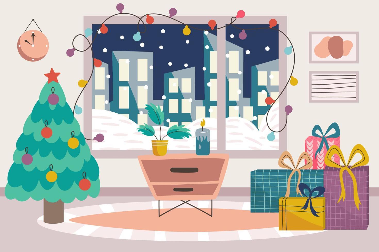 Scandinavian Christmas interior with Christmas tree, bedside table and gifts.Cozy Scandinavian winter, large window with houses and living room carpet. Vector illustration.