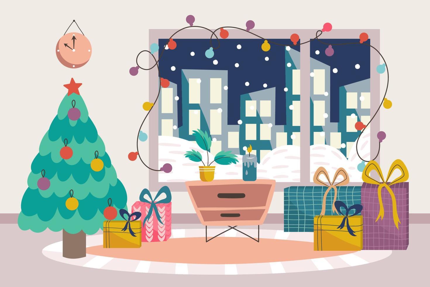 interior de navidad escandinavo con árbol de navidad, mesita de noche y regalos. invierno escandinavo acogedor, ventana grande con casas y alfombra de la sala de estar. ilustración vectorial vector