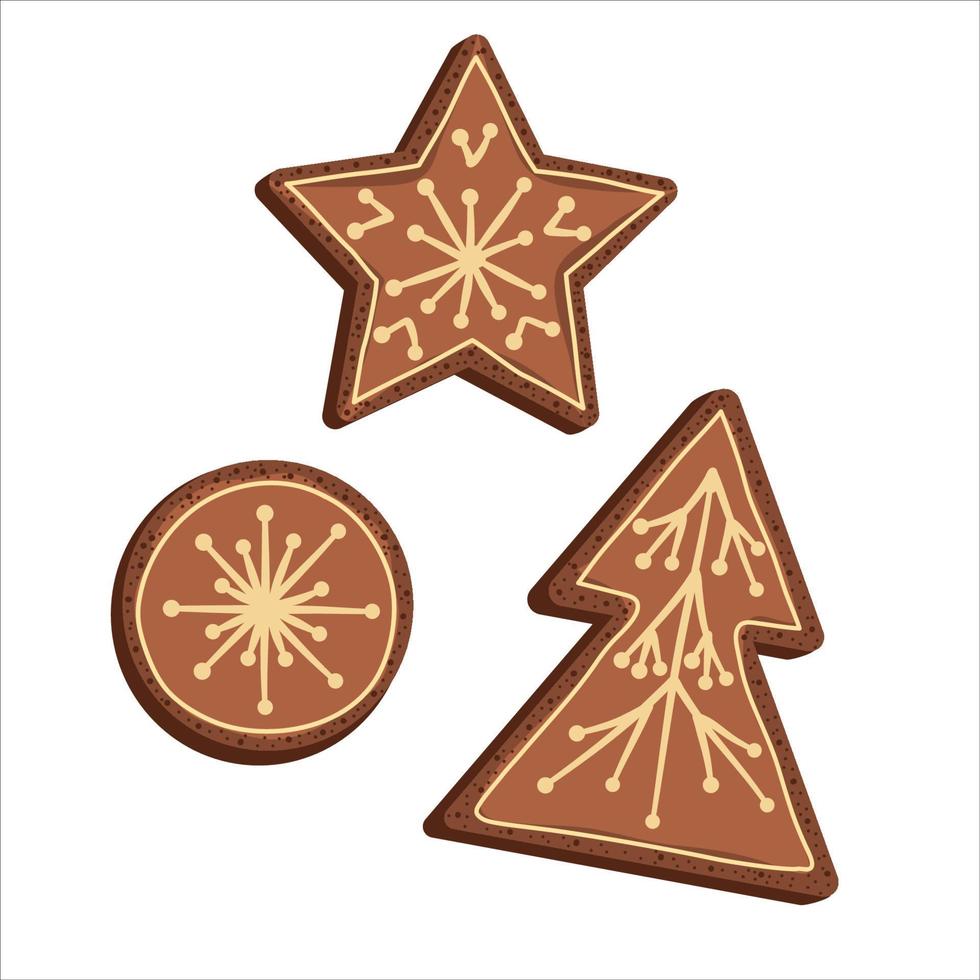 Galletas de jengibre de Navidad de diferentes formas con patrones de glaseado aislado sobre fondo blanco.Trata de Navidad de pan de jengibre en forma de árbol, círculo y estrella. vector