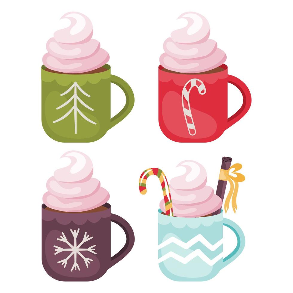 Set of cocoa cups for christmas.Hot drink with cream. vector