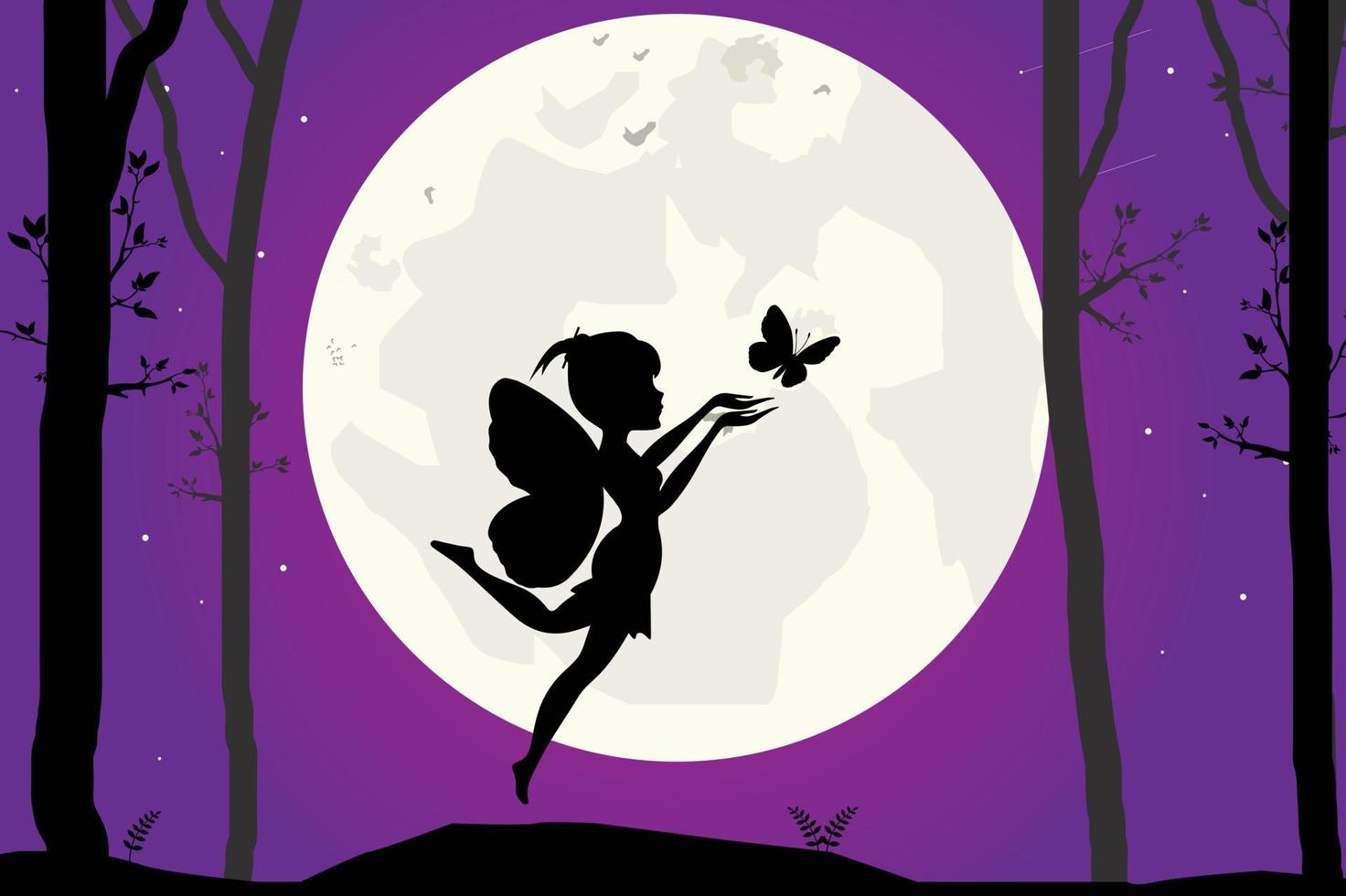 lindo paisaje de silueta de hadas y luna vector