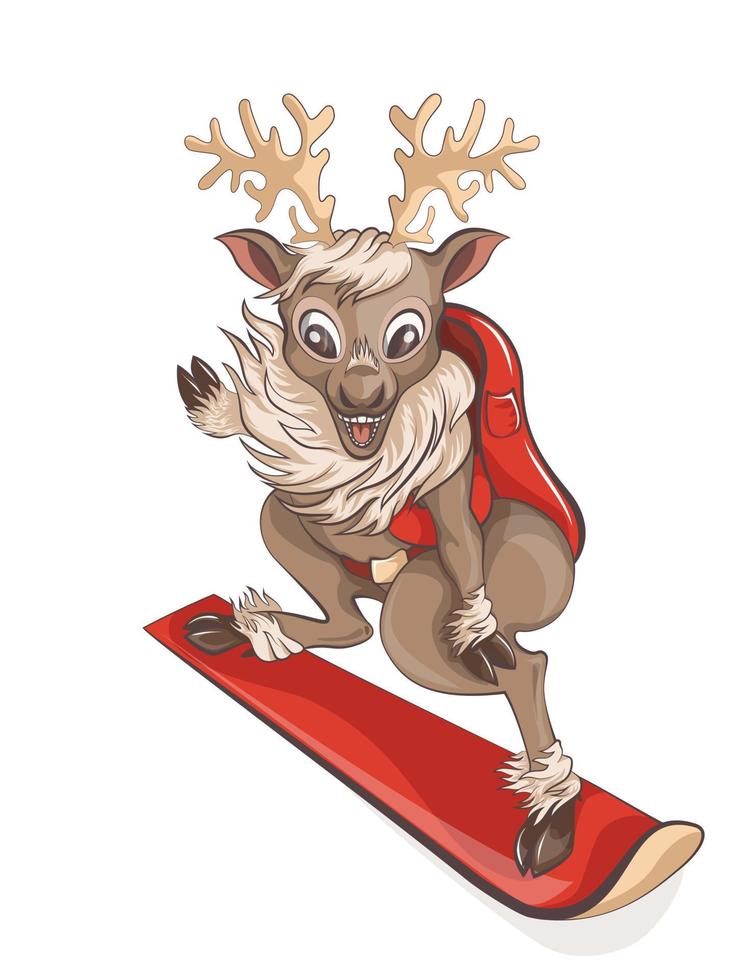 vector illustration of a reindeer that rides on the mountain slopes on a snowboard
