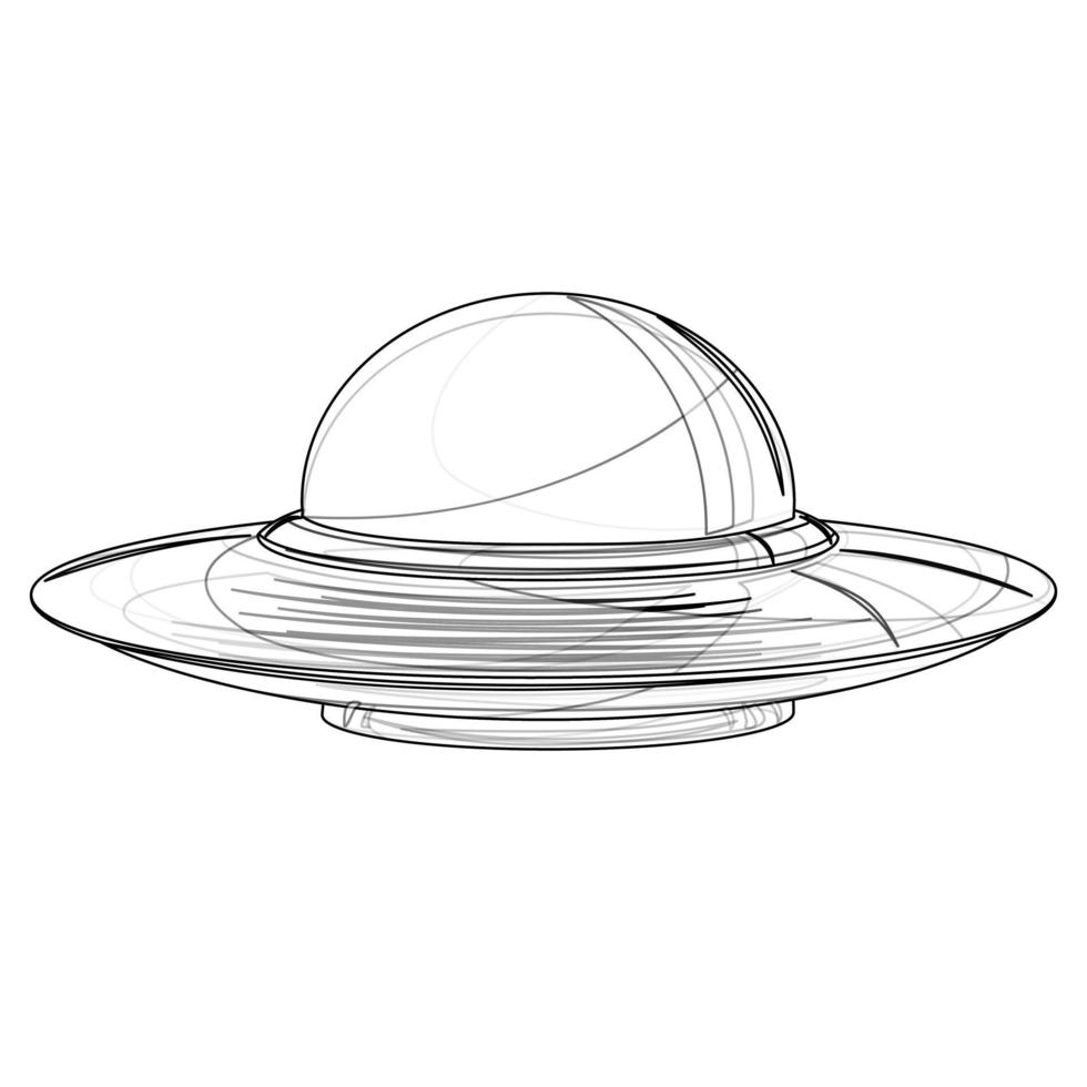 Vector image of an unidentified flying saucer. Isolated over white background. EPS 10. Outline style.