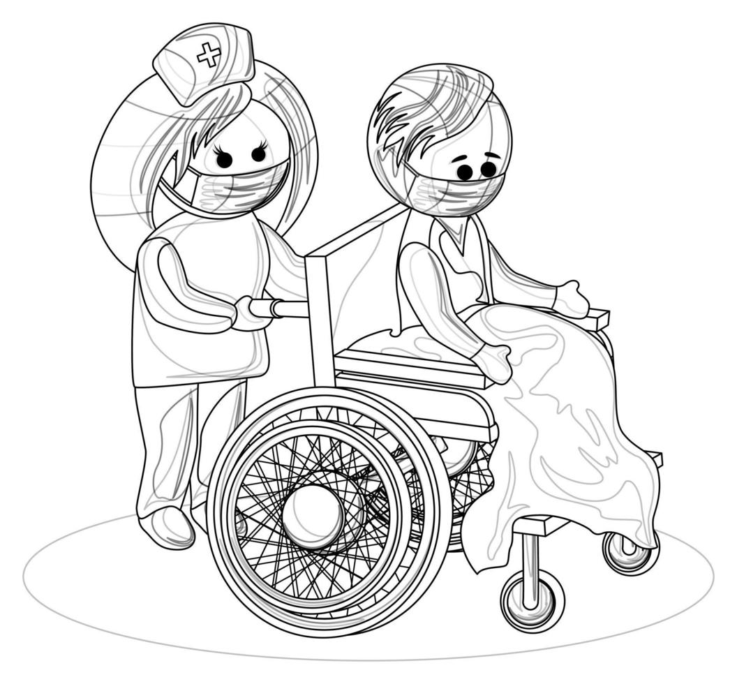 Vector image of a middle-aged man in a wheelchair and a female physician caring for him. EPS 10. Concept. Image on white background