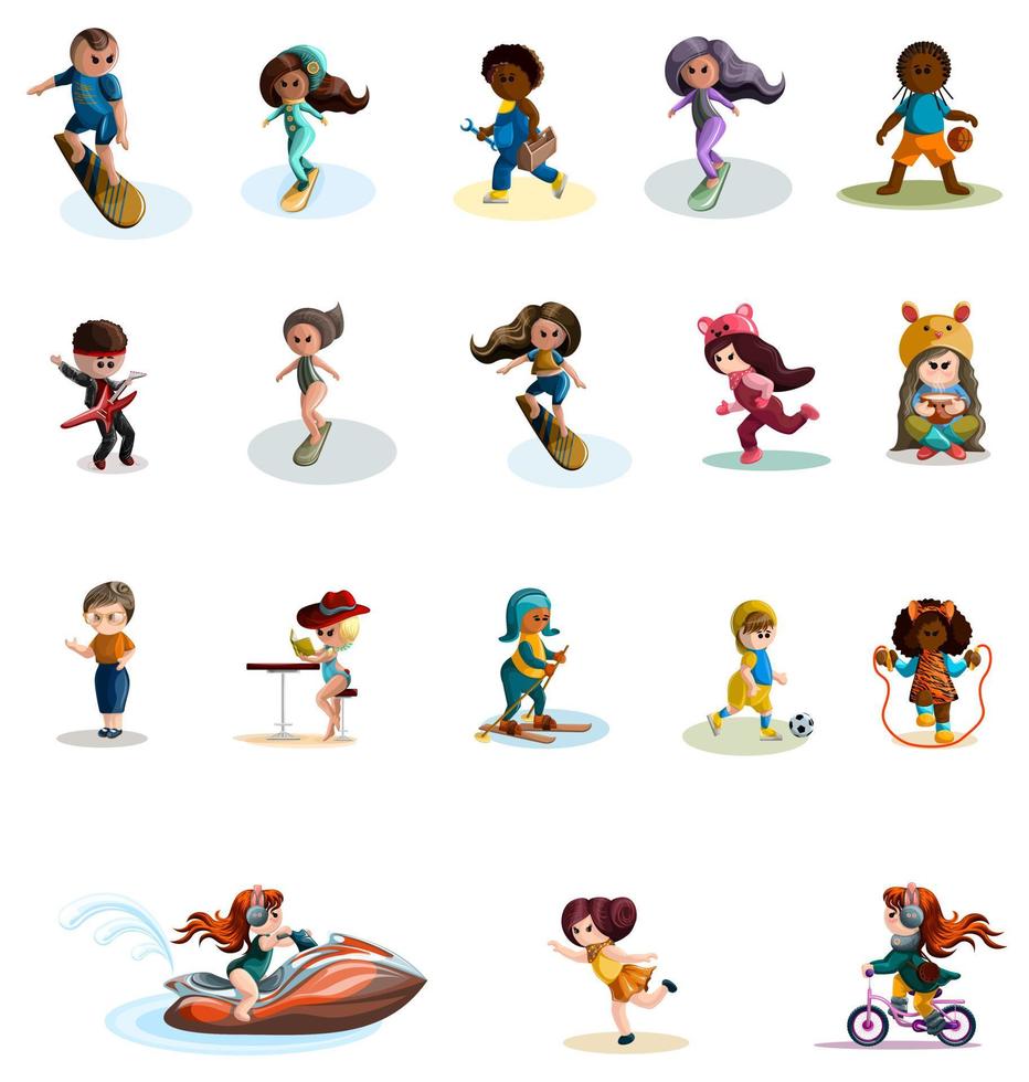 Vector image of a collection of stylized characters with versatile activities