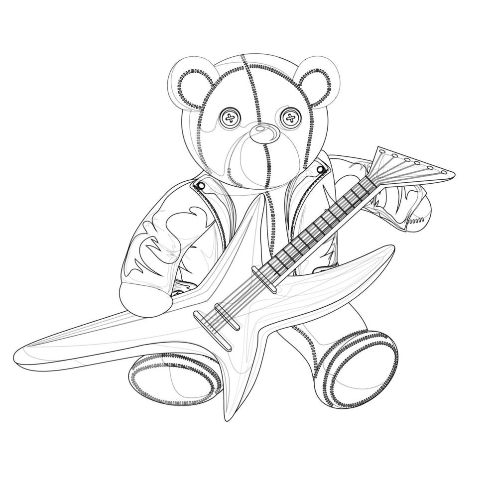 Vector image of a soft toy bear depicted alive with a hint of humanity with an electric guitar in a leather jacket. Concept. EPS 10