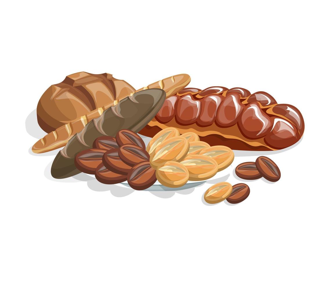 Vector image of white bread and other flour products compiled into a ready-made composition. Muzltfilm style. Isolated on a white background. EPS 10