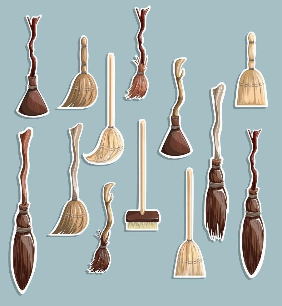 Vector image of a set of stylized brooms in a cartoon style in the form of stickers. EPS 10