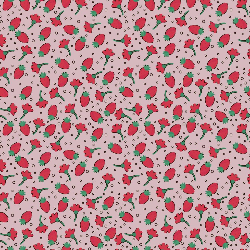 Tea flowers and berries pattern. Tea time. Background with fruit and flower scribbles. Texture with flowers and berries. Summer tea background for textiles. Have a nice tea. Vector illustration
