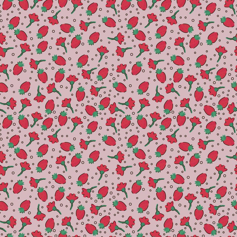 Tea flowers and berries pattern. Tea time. Background with fruit and flower scribbles. Texture with flowers and berries. Summer tea background for textiles. Have a nice tea. Vector illustration