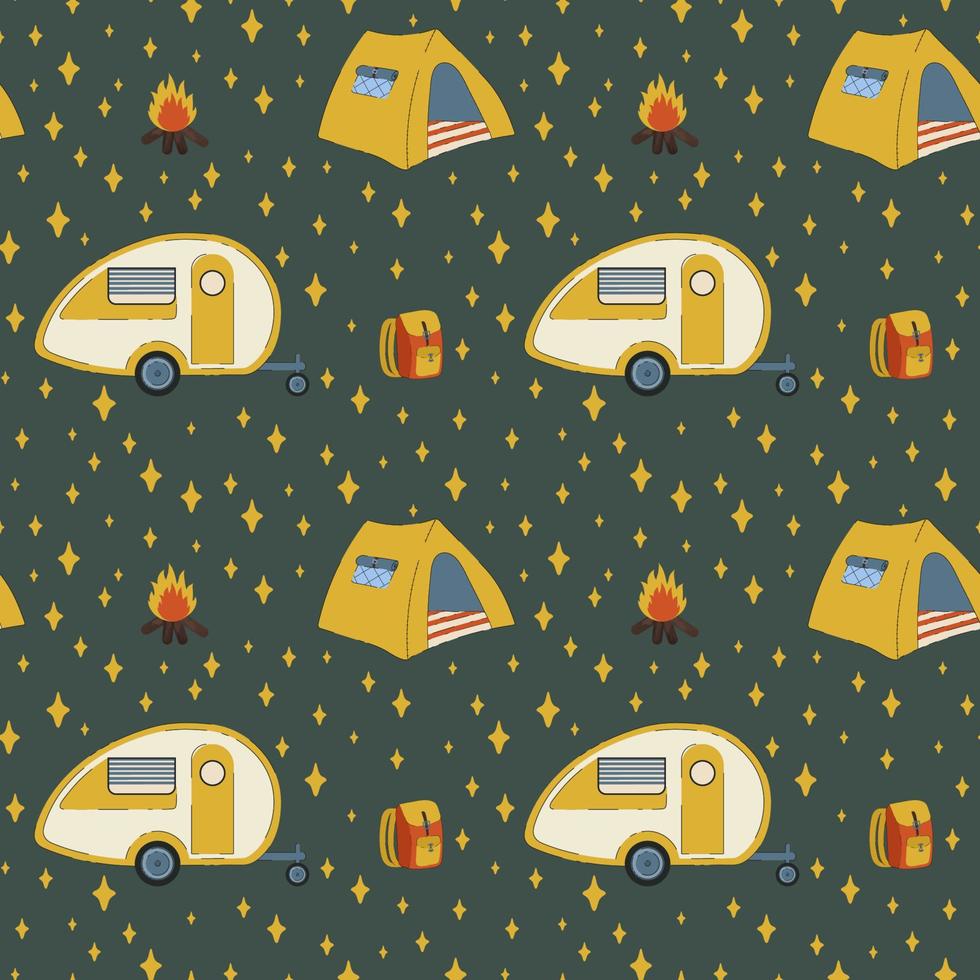 Pattern with tent and RV camping. Colorful background with a mobile home on wheels for relaxing in the forest. Camping, auto-caravan, travel. Living in nature in a camping house. Vector illustration