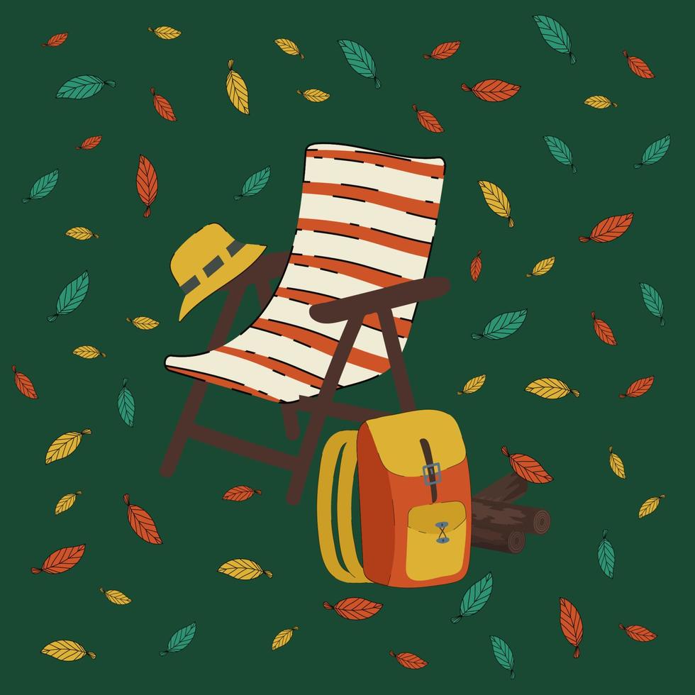 Ilustración de camping de otoño. el concepto de una casa móvil de la vida en la naturaleza. imagen de temporada de una silla de camping y una mochila de viajero. ilustración vectorial vector