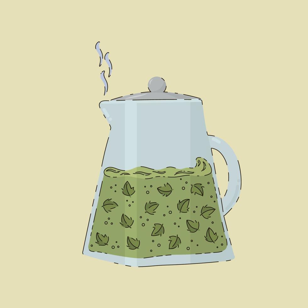Green, herbal tea in a teapot. A glass vessel with green leaves and a decoction. Cartoon poster Teapot with tea tea time. Vector illustration drawn by hand. Vector illustration