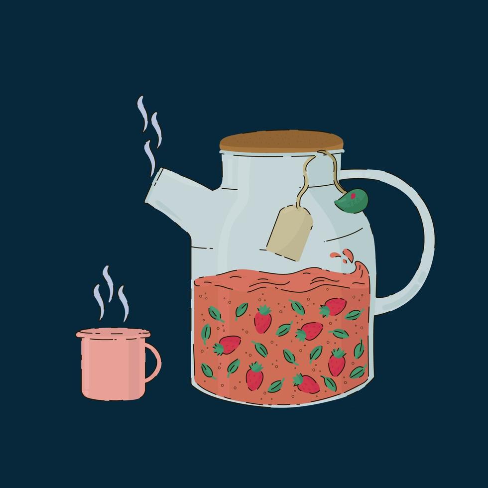 Illustration of a still life teapot with a cup. Glass vessel full of berry tea tea time. An illustration with a fruit hot drink drawn in a doodle style for design. Vector illustration