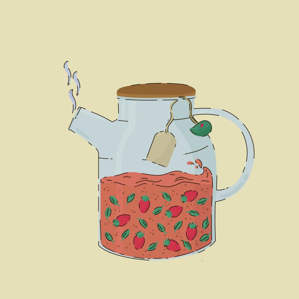 Glass teapot with green leaves and berries. Cartoon colorful poster of a vessel with tea. Vector illustration hand-drawn with fruit tea. Vector illustration
