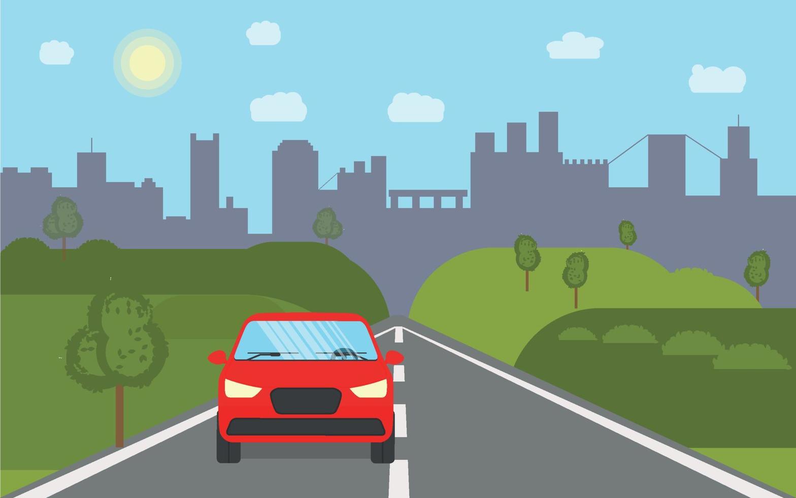 Landscape street with a car on the road, with green trees and a city in the background. Vector illustration