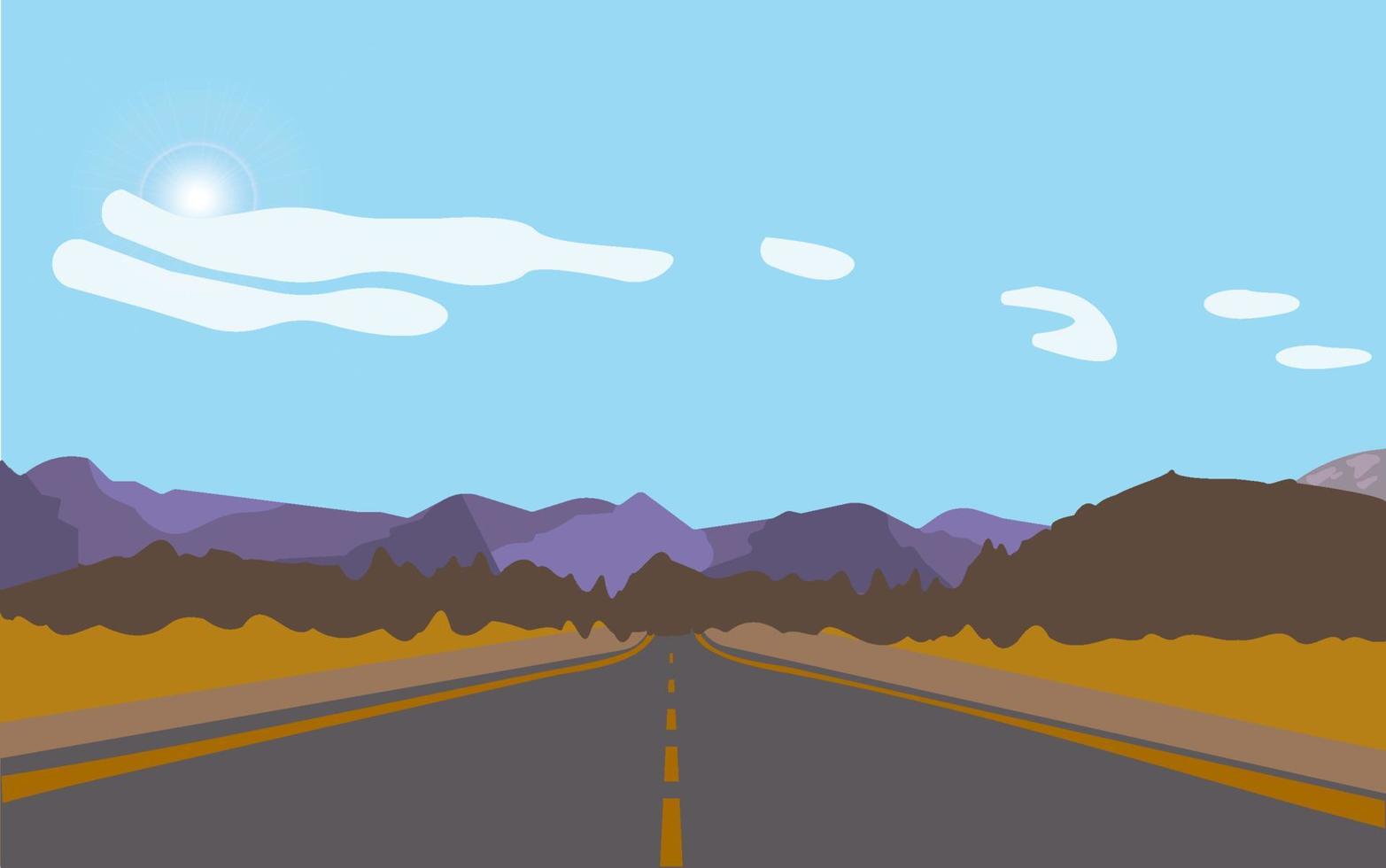 Straight empty road through the countryside. Green hills, blue sky, meadow and mountains. Summer landscape . Vector illustration