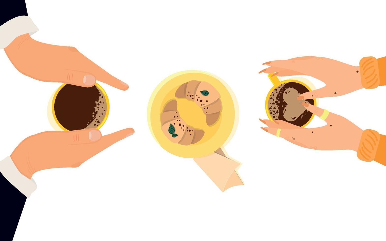 Hands are holding yellow cups of coffee. Vector illustration
