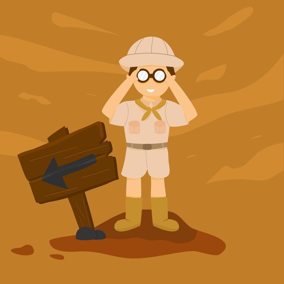 un pequeño explorador con binoculares. ilustración de boy scout vector