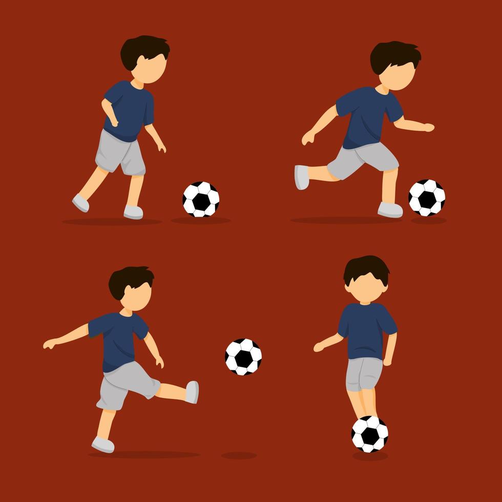 conjunto de ilustración vectorial. un niño jugando al fútbol con diferentes poses. vector