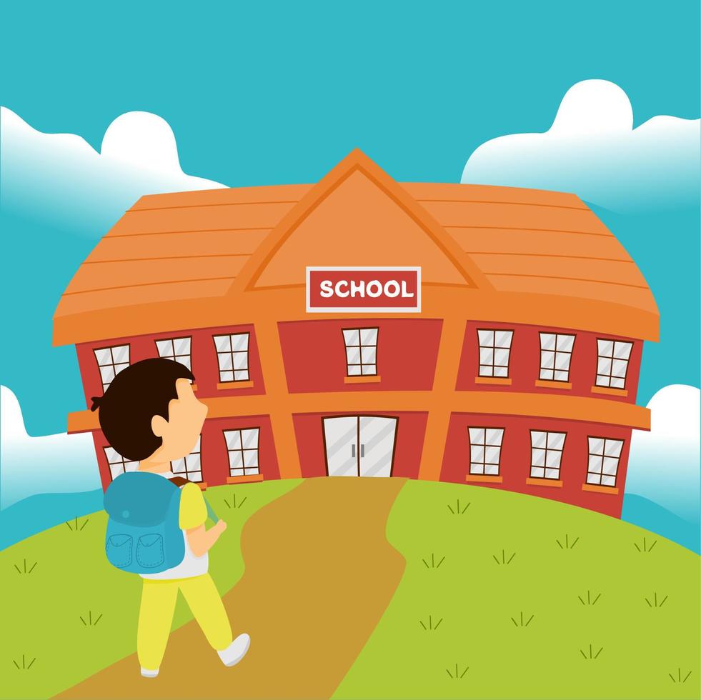 happy boy going to school illustration. school building background vector
