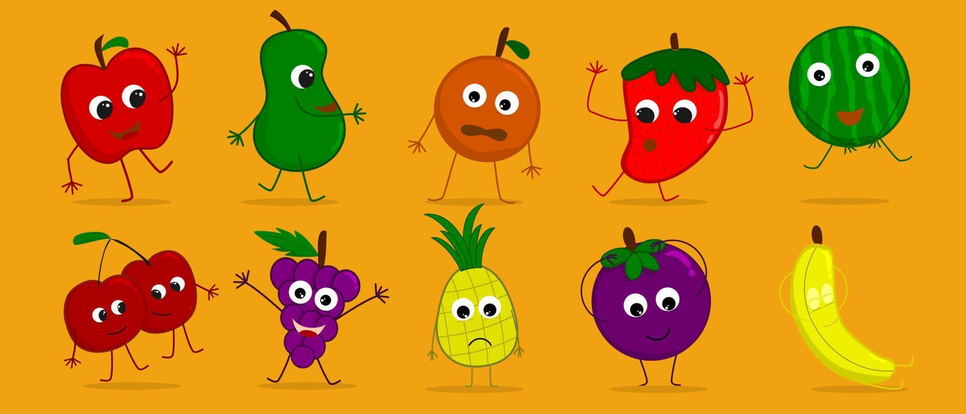 conjunto de personajes de frutas lindas con diferentes poses y emociones vector