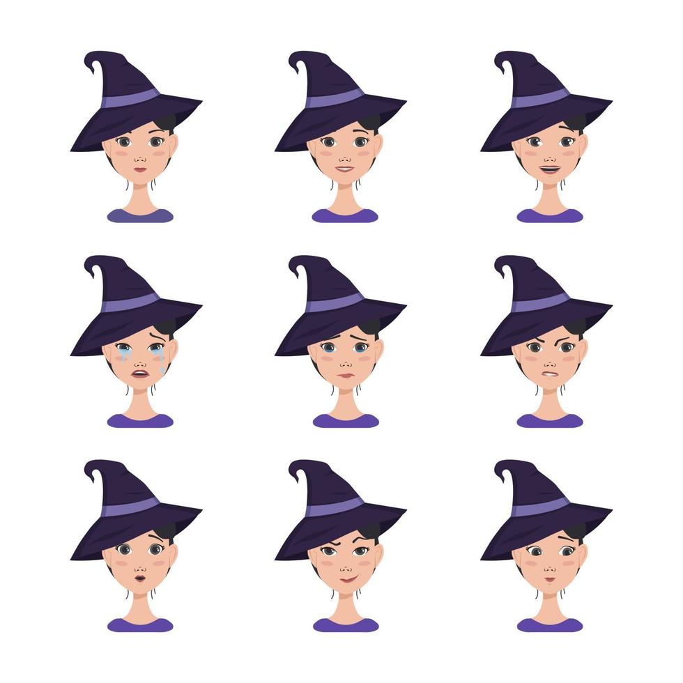 conjunto de expresiones faciales de una mujer asiática con cabello oscuro con un sombrero de bruja puntiagudo. diferentes emociones femeninas. atractivo personaje de dibujos animados para las vacaciones de otoño de halloween vector