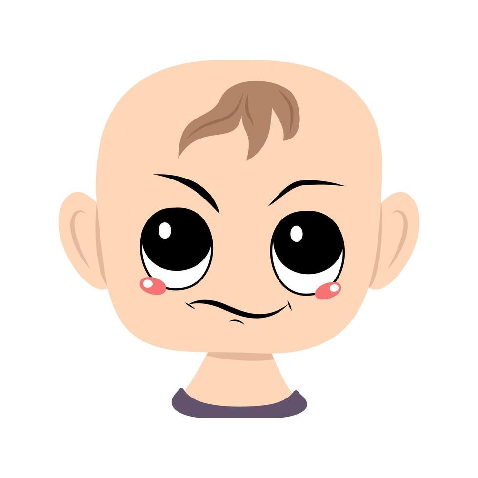 Child with emotions of suspicious, displeased face. Head of cute baby with annoyed expression vector