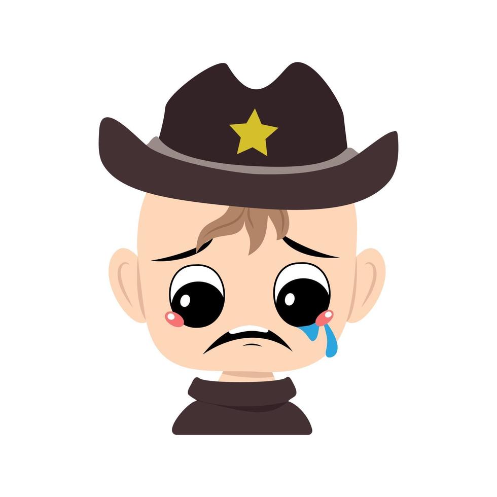 Boy with crying and tears emotion, sad face, depressive eyes in sheriff hat with yellow star. Head of cute child with melancholy expression in carnival costume for the holiday vector