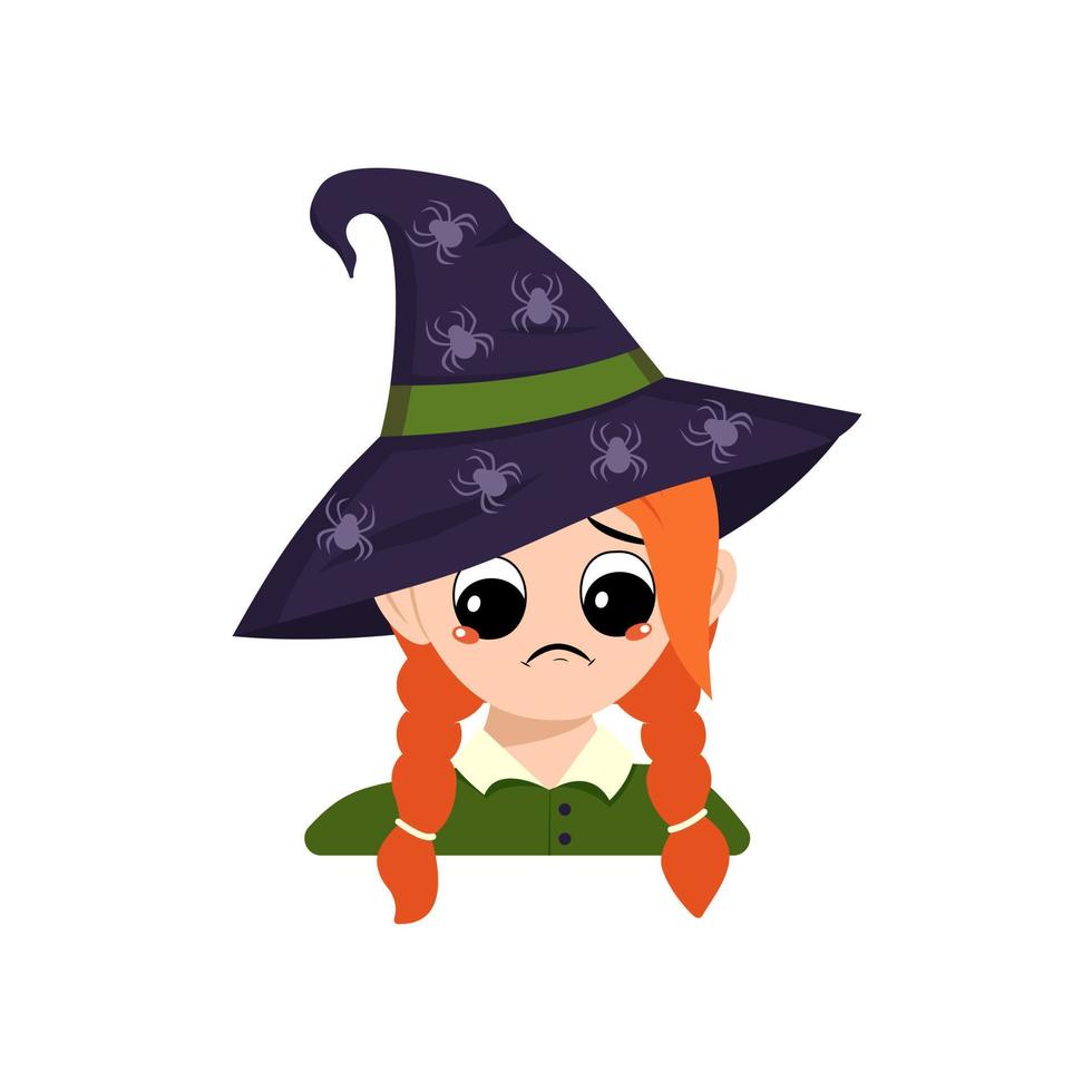 Girl with red hair and sad emotions, depressed face, down eyes in pointed witch hat. Head of cute child with melancholy expression in carnival costume for the holiday or Halloween party vector