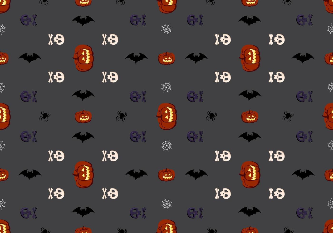 Bright dark seamless pattern with pumpkins, skulls, bats and spiders. Festive autumn decoration for Halloween. Holiday October background for paper print, textile and design vector