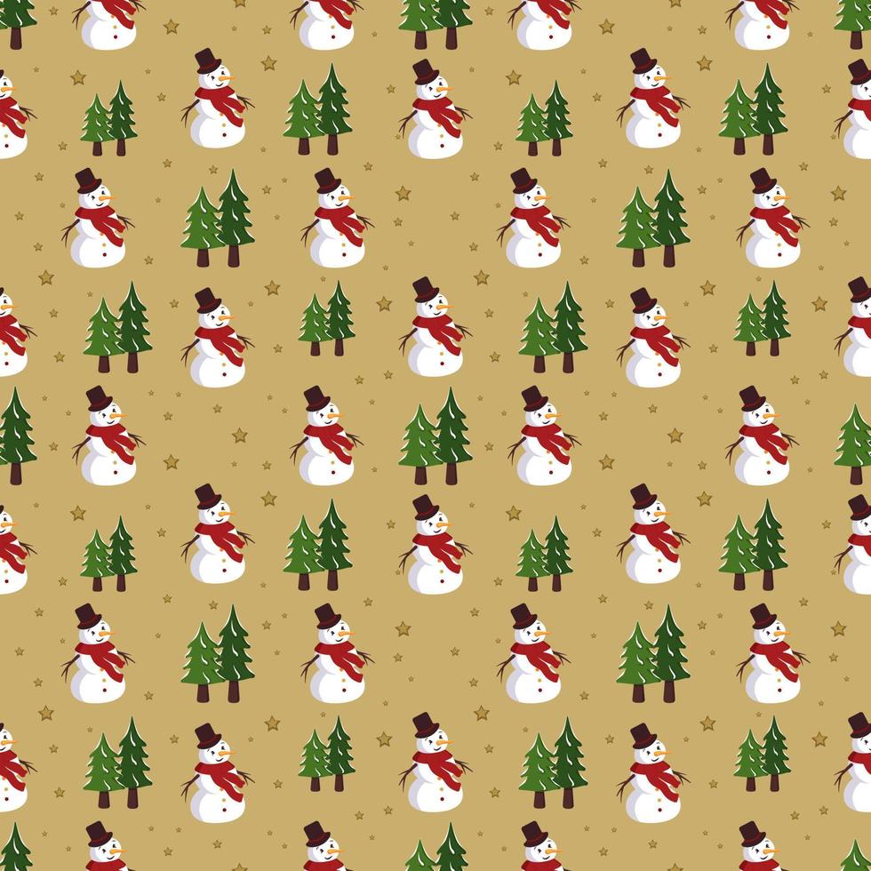 Seamless Christmas pattern with snowmen, fir and stars on gold background. Bright print for New Year and winter holiday, wrapping paper, textiles and design. vector