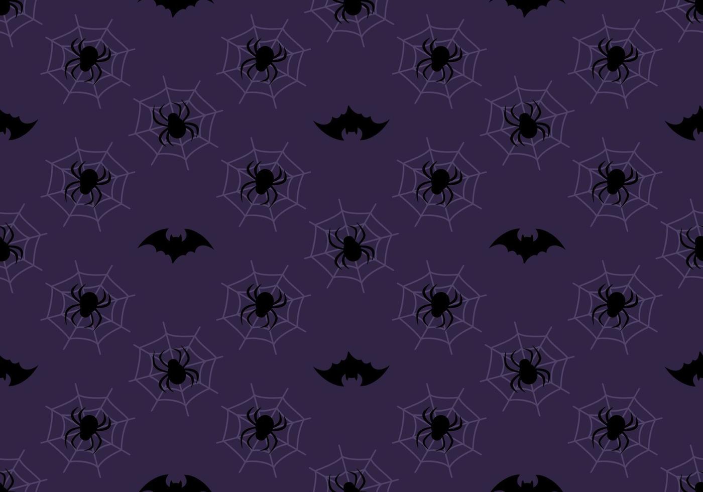 patrón oscuro con murciélagos negros, arañas y telaraña sobre fondo morado. decoración festiva de otoño de halloween. Impresión de vacaciones de octubre para impresión de papel, textil y diseño. vector