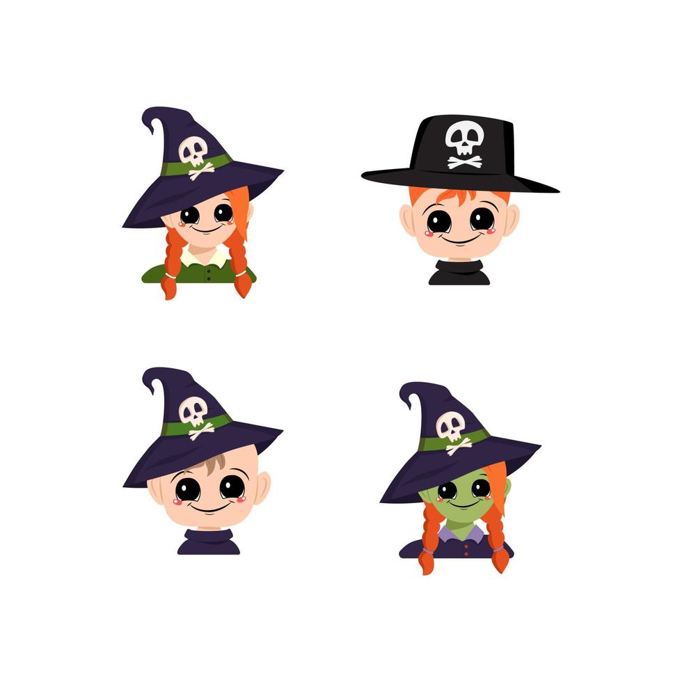 Set of girl, boy and baby with white and green skin, red hair, big eyes and wide happy smile in pointed witch hat with skull. Head of child with joyful face. Halloween party decoration vector