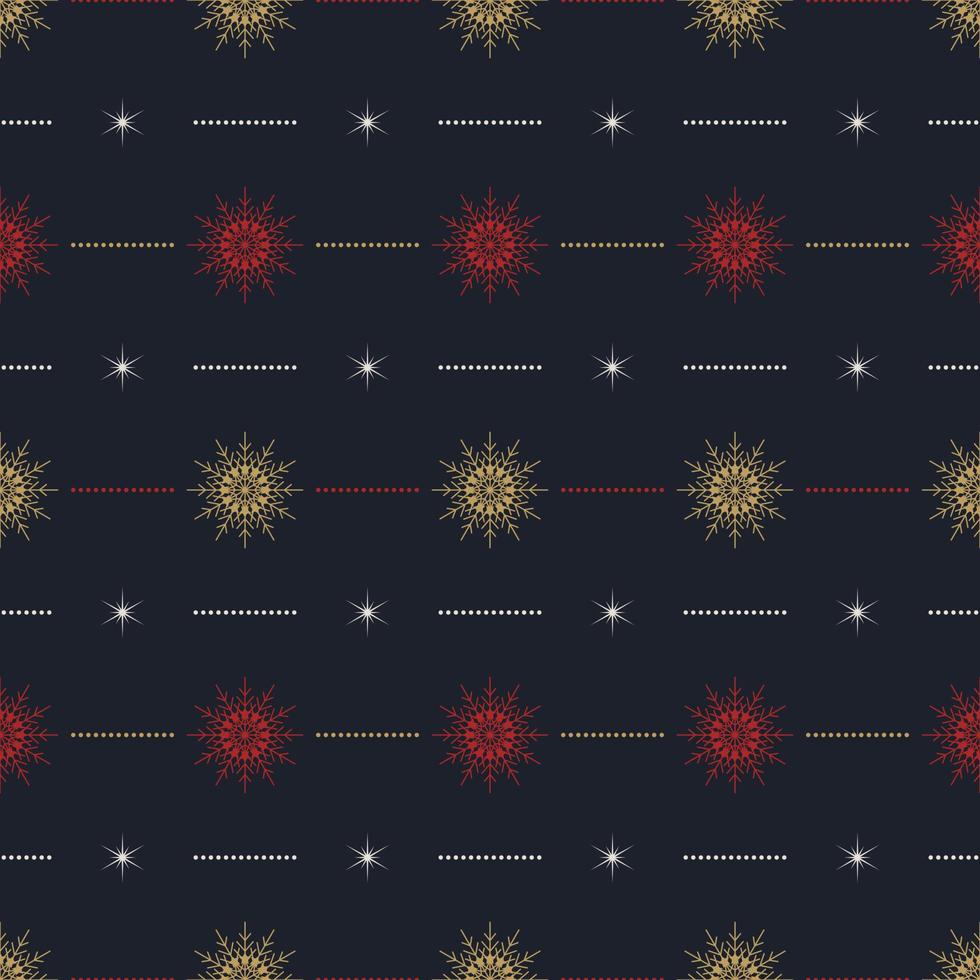 Seamless pattern with gold and red snowflakes and stars on dark background. Festive winter traditional decoration for New Year, Christmas, holidays and design. Ornament of simple line vector