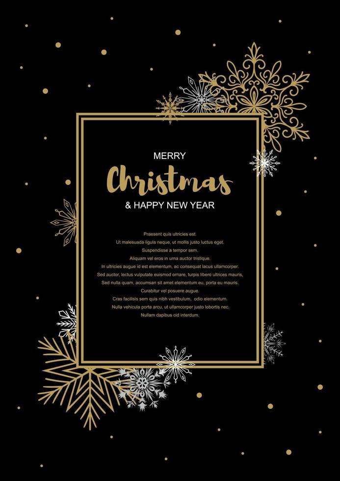 Vertical Merry Christmas and New Year greeting card with beautiful golden snowflakes on black background. Frame with space for text vector