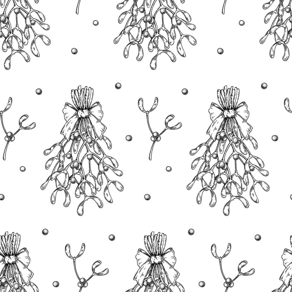 Hand drawn Christmas seamless pattern with mistletoe isolated on white background. Christmas design elements. Vector illustration in sketch style.