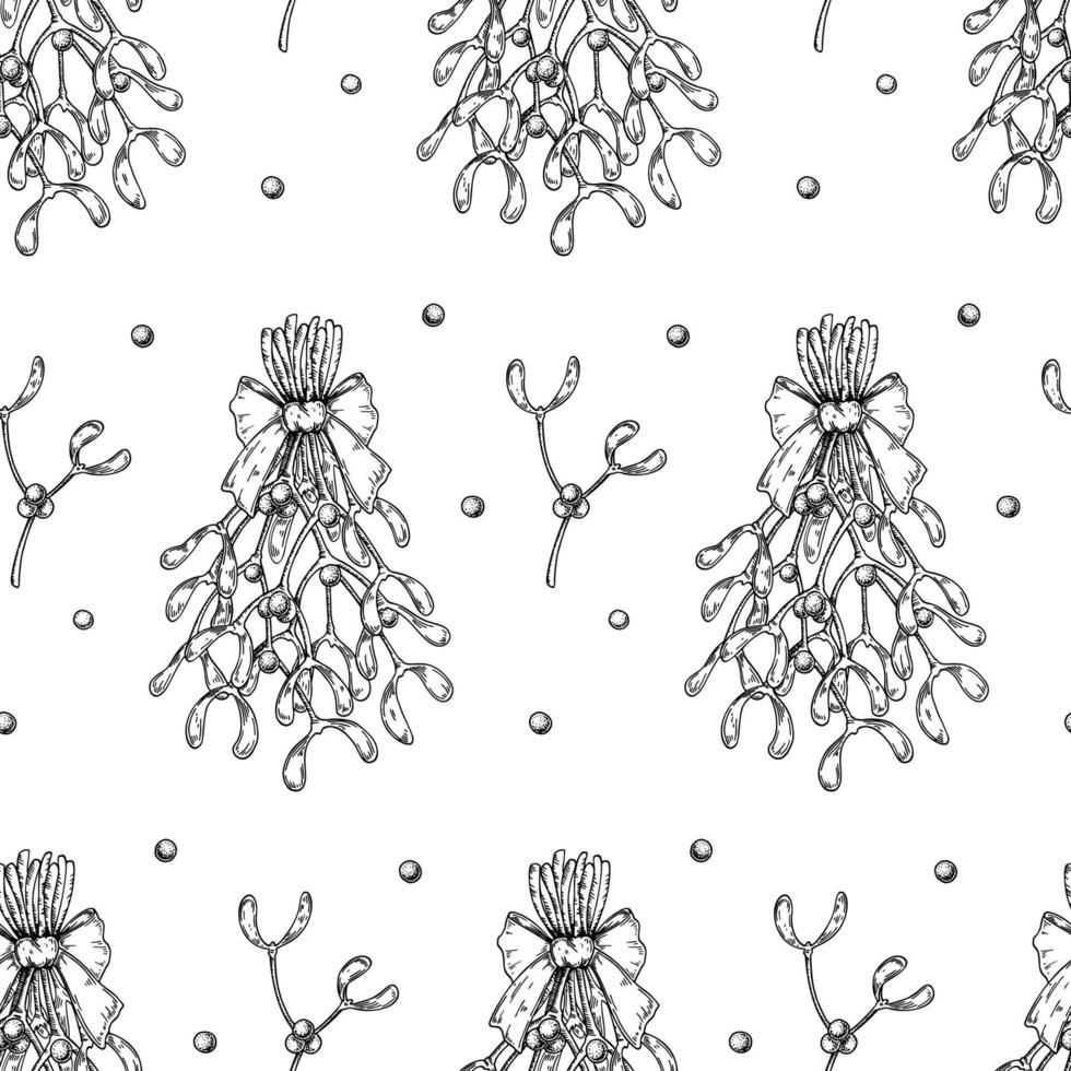 Hand drawn Christmas seamless pattern with mistletoe isolated on white background. Christmas design elements. Vector illustration in sketch style.